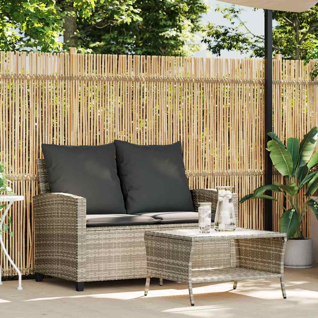 Gartensofa 2-Sitzer mit Kissen & Tisch Hellgrau Poly Rattan