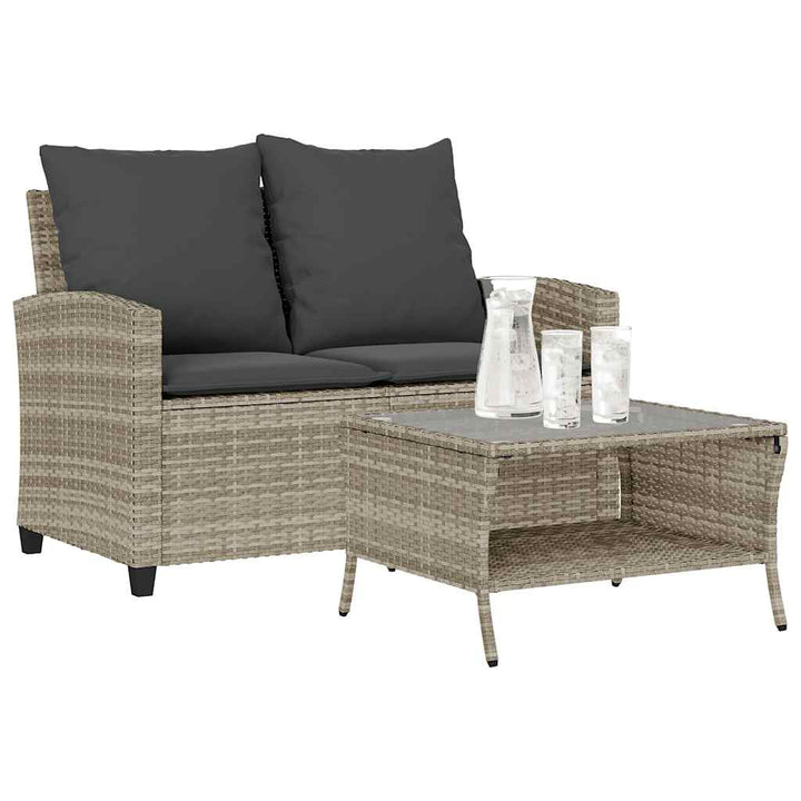 Gartensofa 2-Sitzer mit Kissen & Tisch Hellgrau Poly Rattan