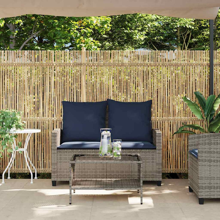 Gartensofa 2-Sitzer mit Kissen & Tisch Grau Poly Rattan