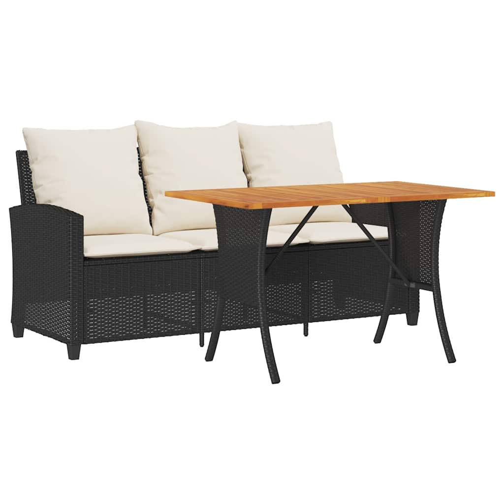 Gartensofa 3-Sitzer mit Kissen & Tisch Schwarz Poly Rattan