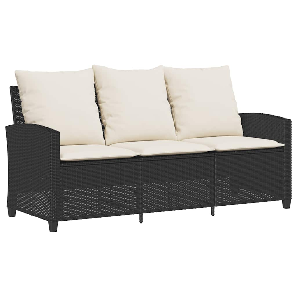 Gartensofa 3-Sitzer mit Kissen & Tisch Schwarz Poly Rattan