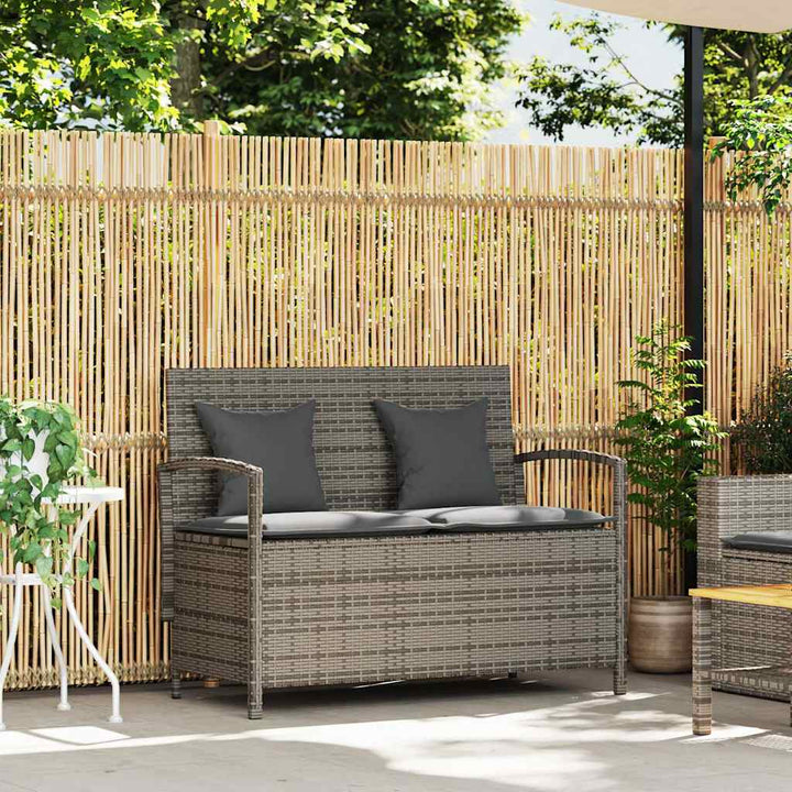 Gartenbank mit Stauraum und Kissen Grau Poly Rattan