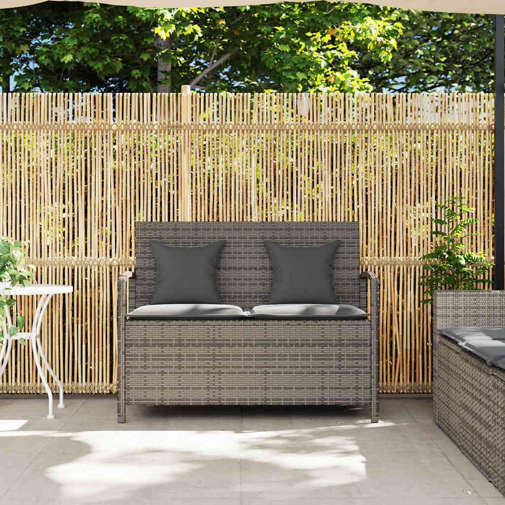 Gartenbank mit Stauraum und Kissen Grau Poly Rattan