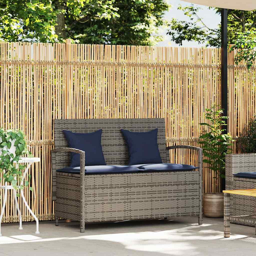 Gartenbank mit Stauraum und Kissen Grau Poly Rattan