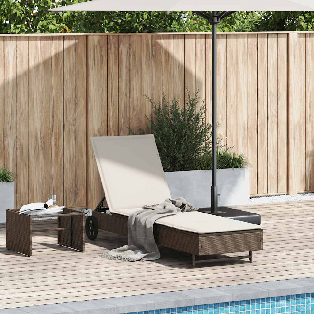 Sonnenliege mit Rollen und Auflage Braun Poly Rattan