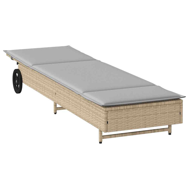 Sonnenliege mit Rollen und Auflage Grau Poly Rattan