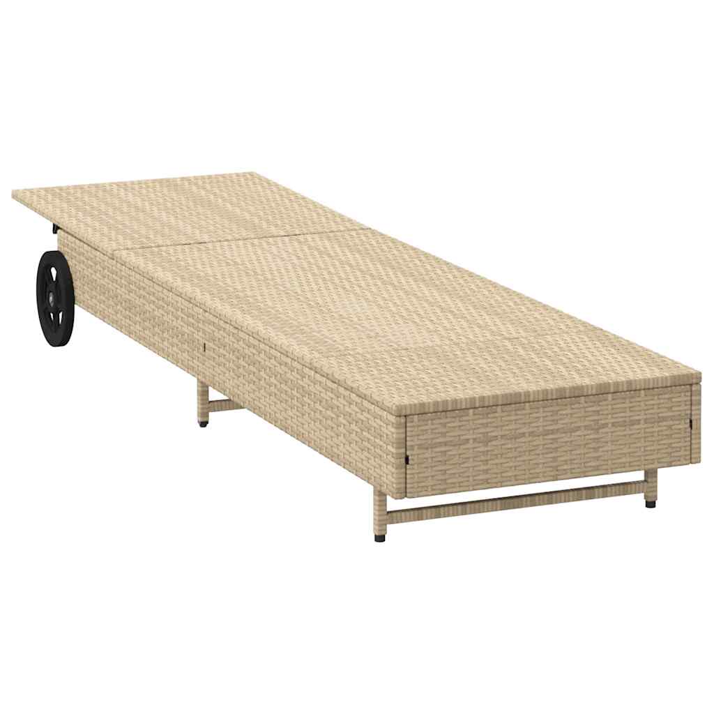 Sonnenliege mit Rollen und Auflage Beige Poly Rattan