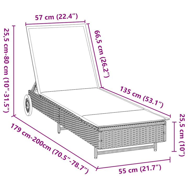 Sonnenliege mit Rollen und Auflage Beige Poly Rattan