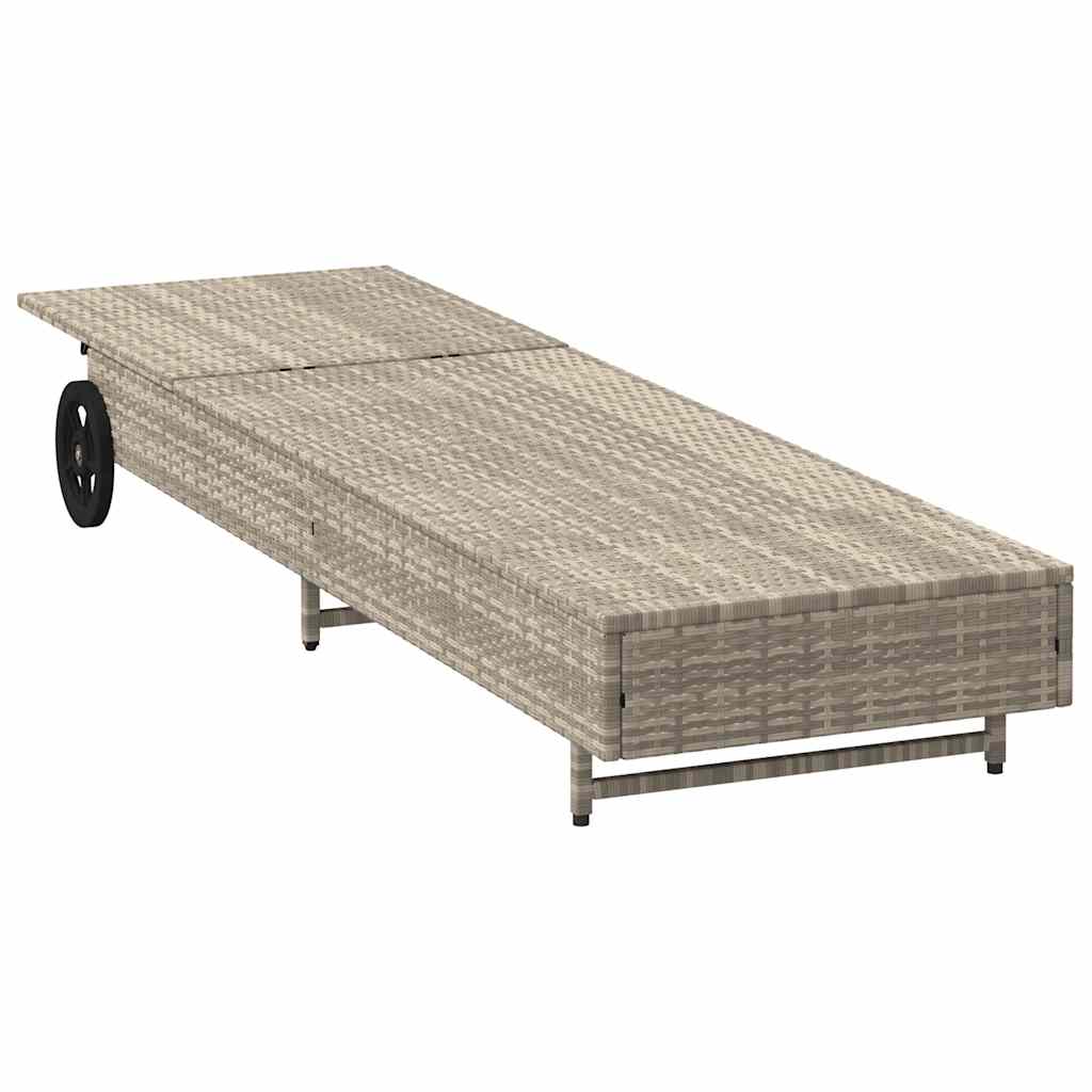 Sonnenliege mit Rollen und Auflage Hellgrau Poly Rattan