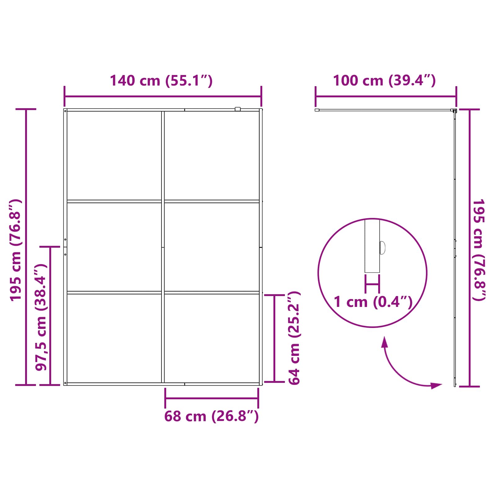 Walk-in shower screen, black, 140 x 195 cm, tempered glass
