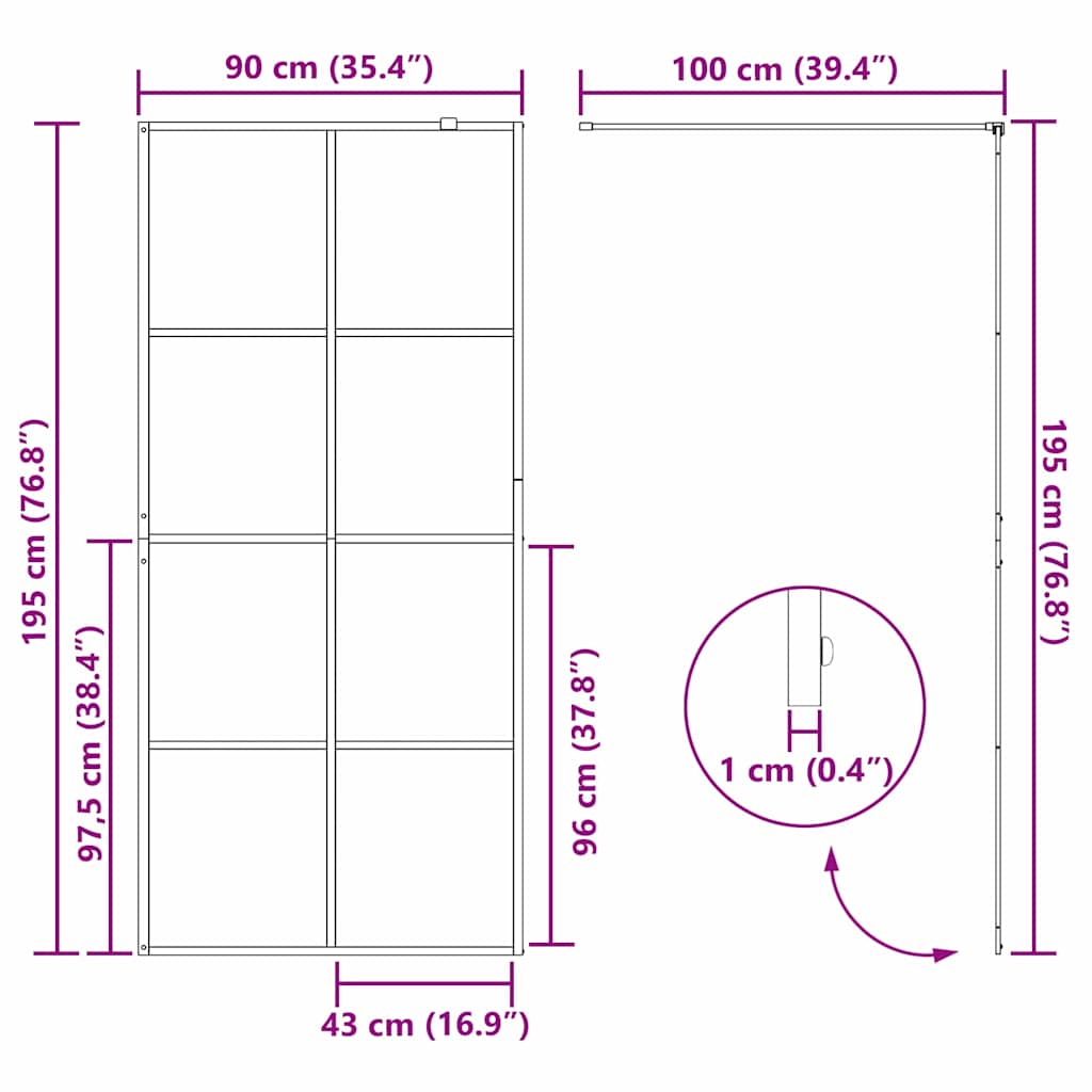 Walk-in shower screen, black, 90 x 195 cm, tempered glass