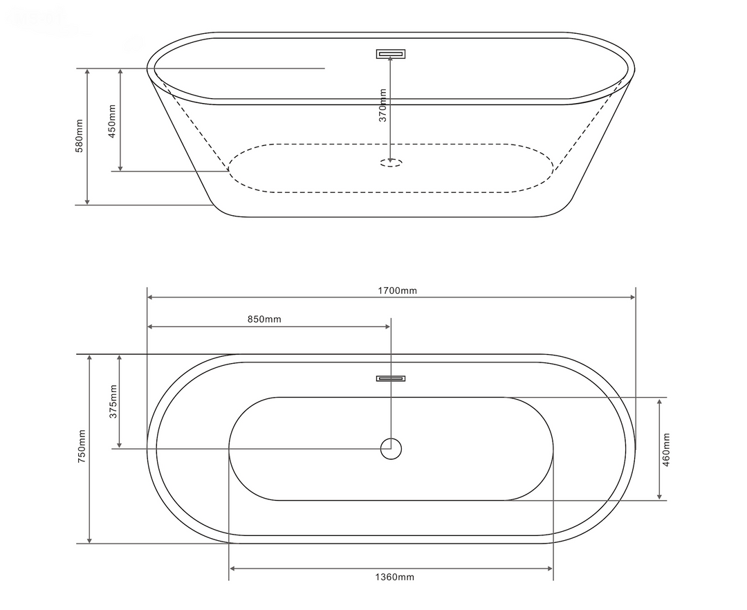 Freistehende Badewanne YORK 170 x 75 x 58 cm