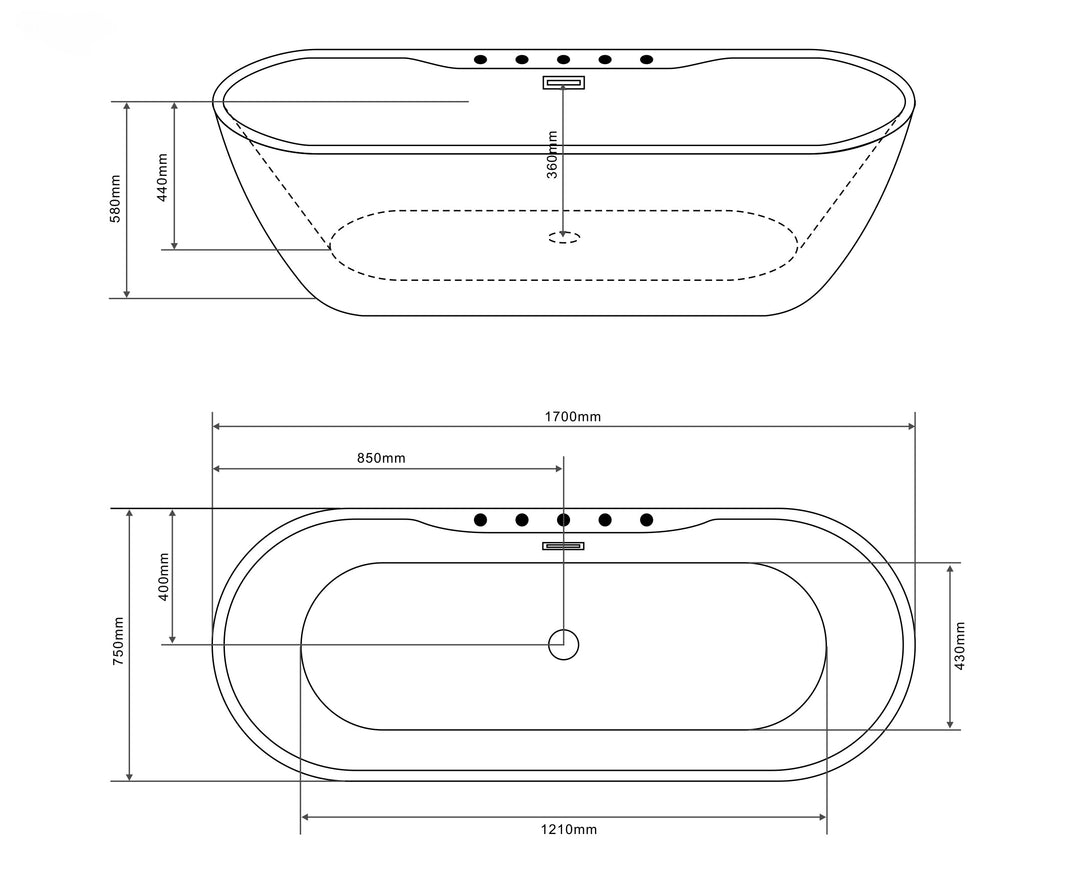 Freistehende Badewanne ARUBA schwarz 170x75x58 cm