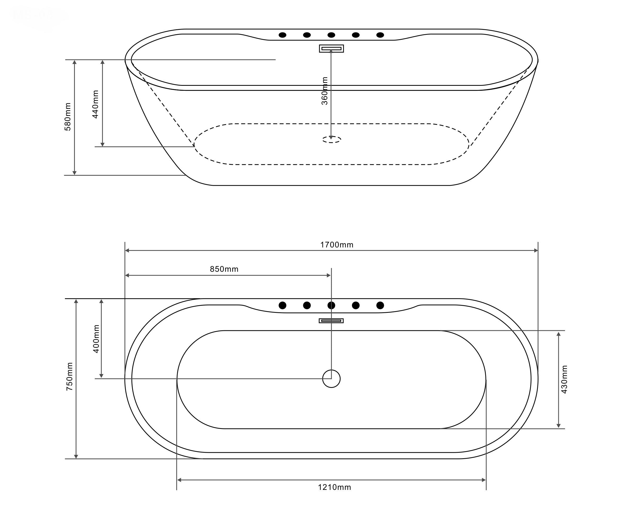 Freistehende Badewanne ARUBA schwarz 170x75x58 cm