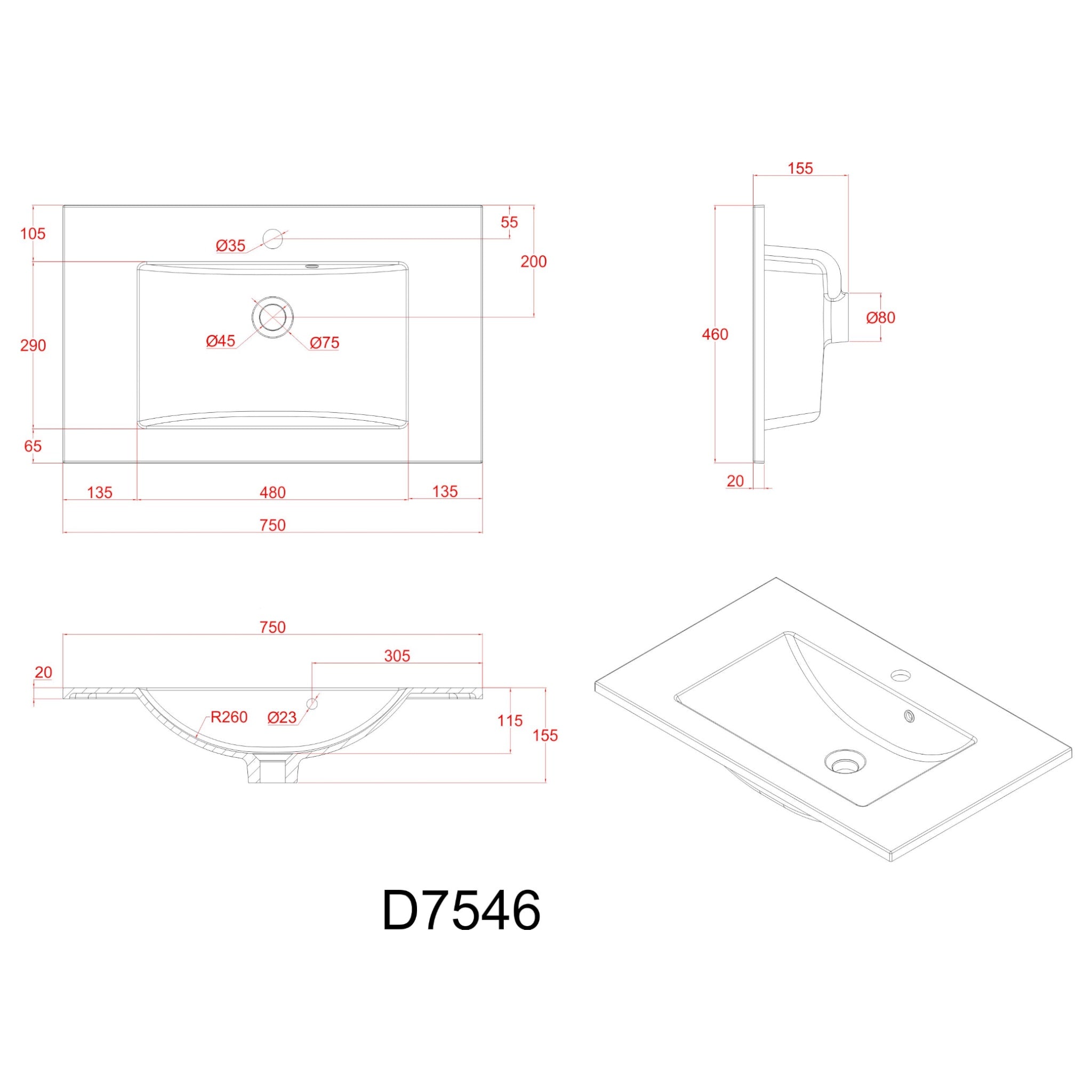 Waschbecken aus Mineralguss 75x46x11,4 cm
