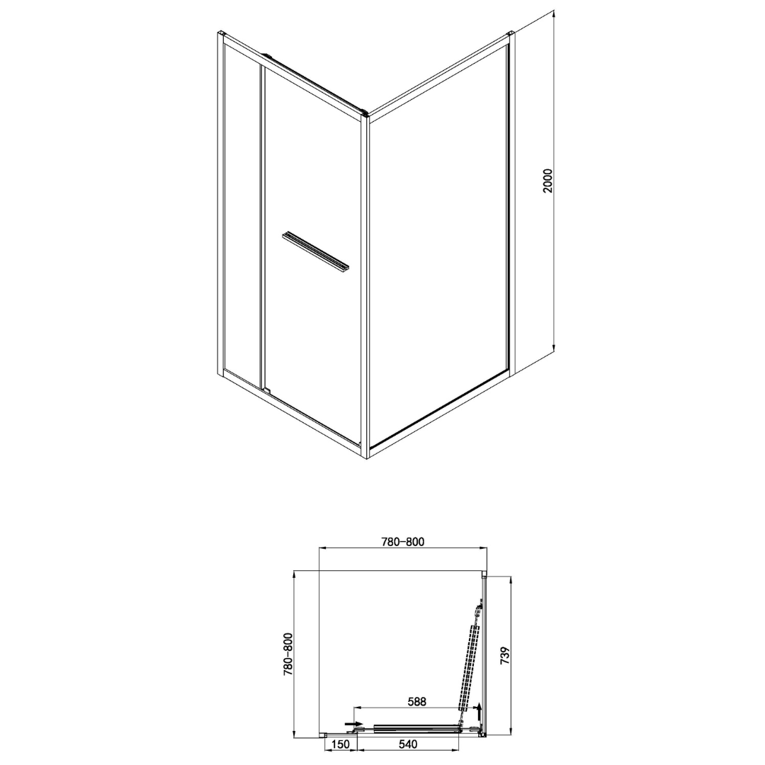 Corner shower cabin with two sliding doors, chrome in 2 different sizes