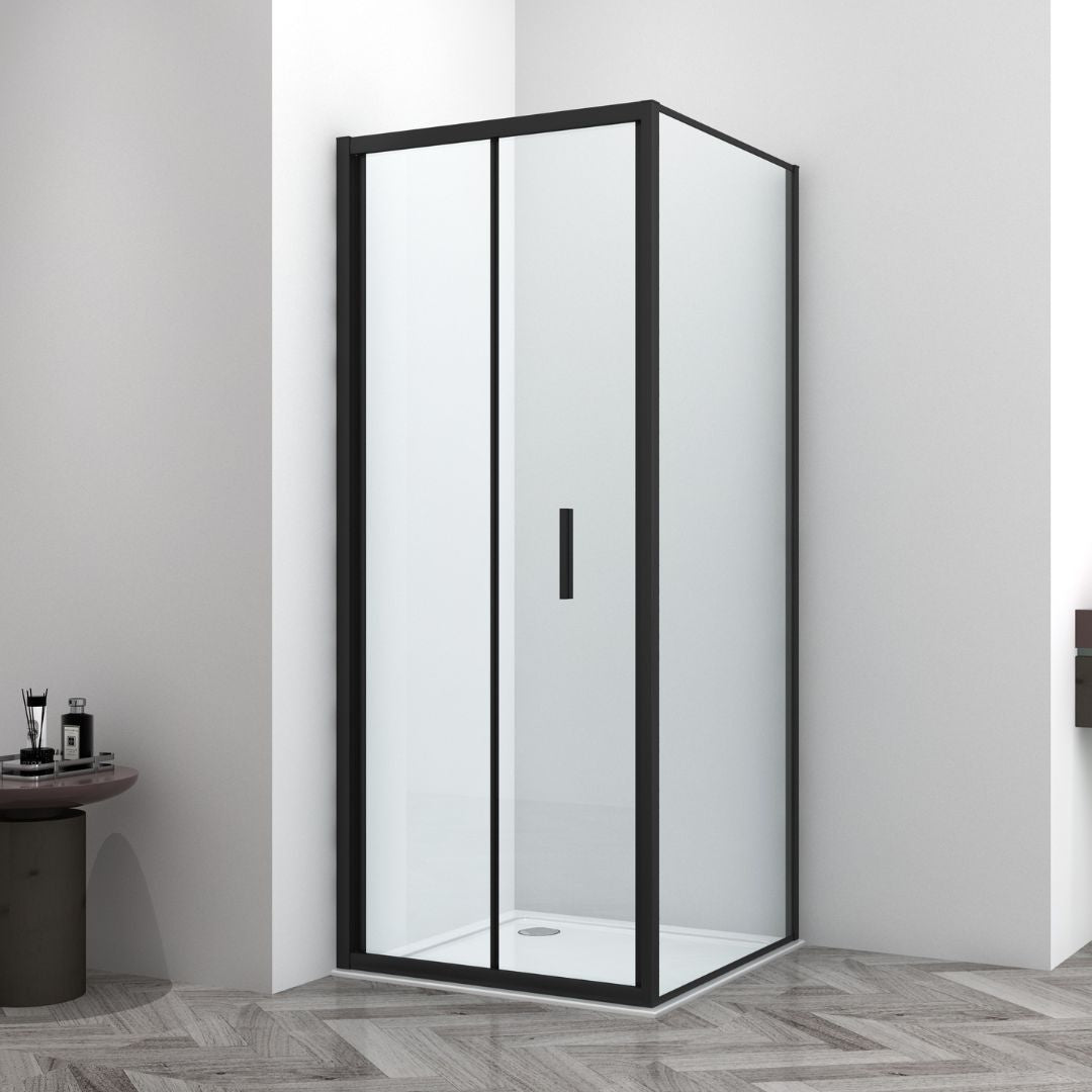 Corner shower cabin with two sliding doors, chrome in 2 different sizes