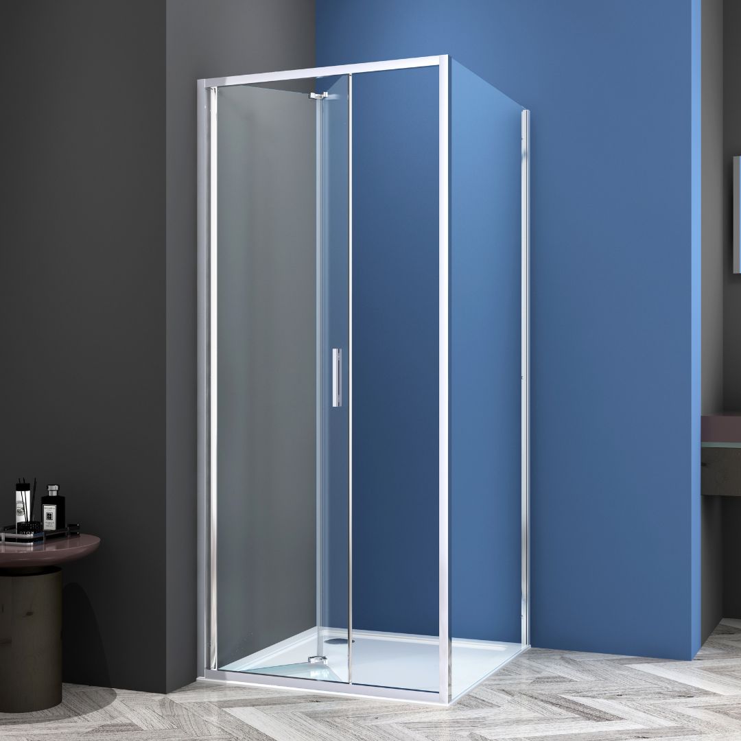 Corner shower cabin with two sliding doors, chrome in 2 different sizes