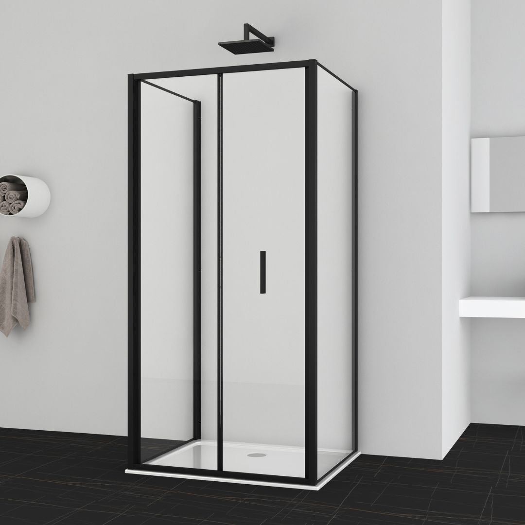 Corner shower cabin with two sliding doors, chrome in 2 different sizes