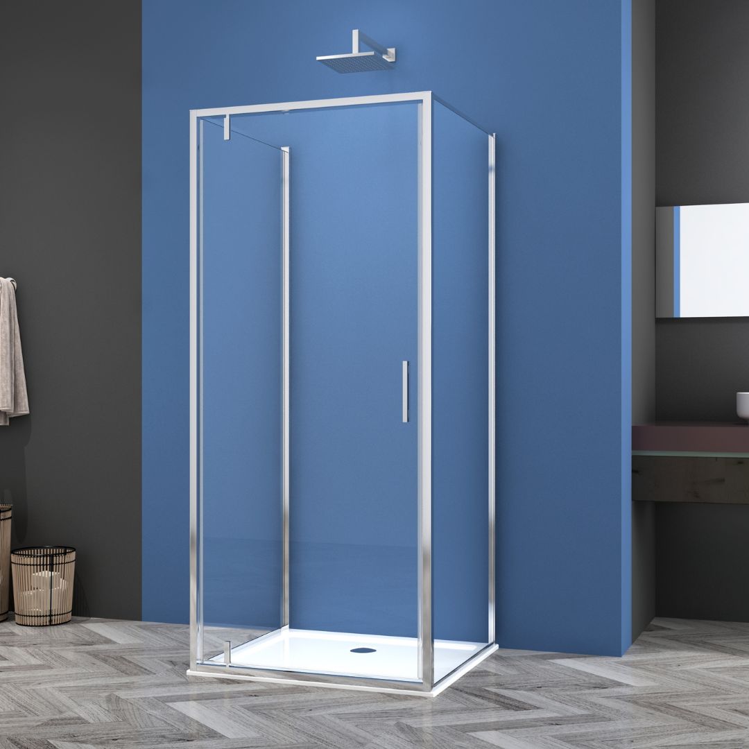 Corner shower cabin with two sliding doors, chrome in 2 different sizes