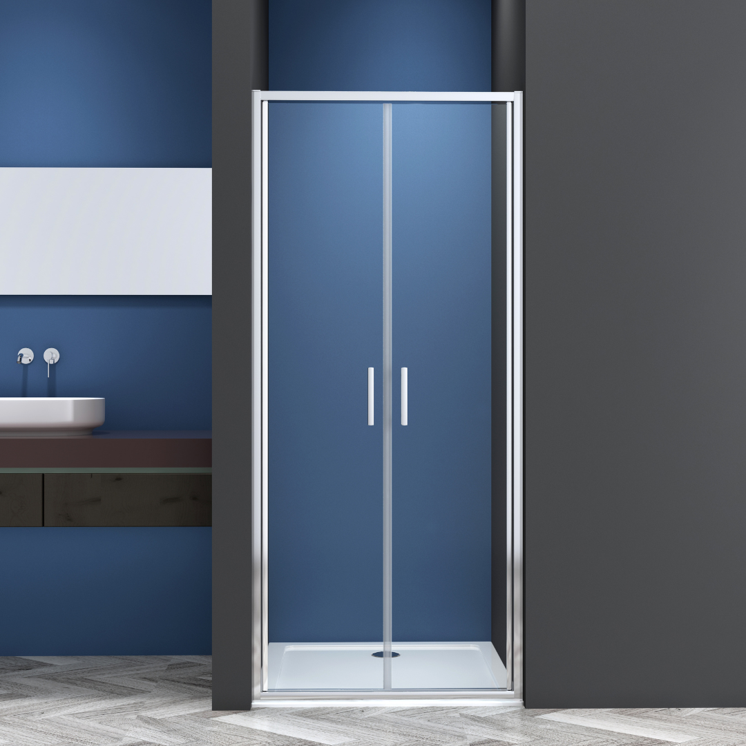 Corner shower cabin with two sliding doors, chrome in 2 different sizes