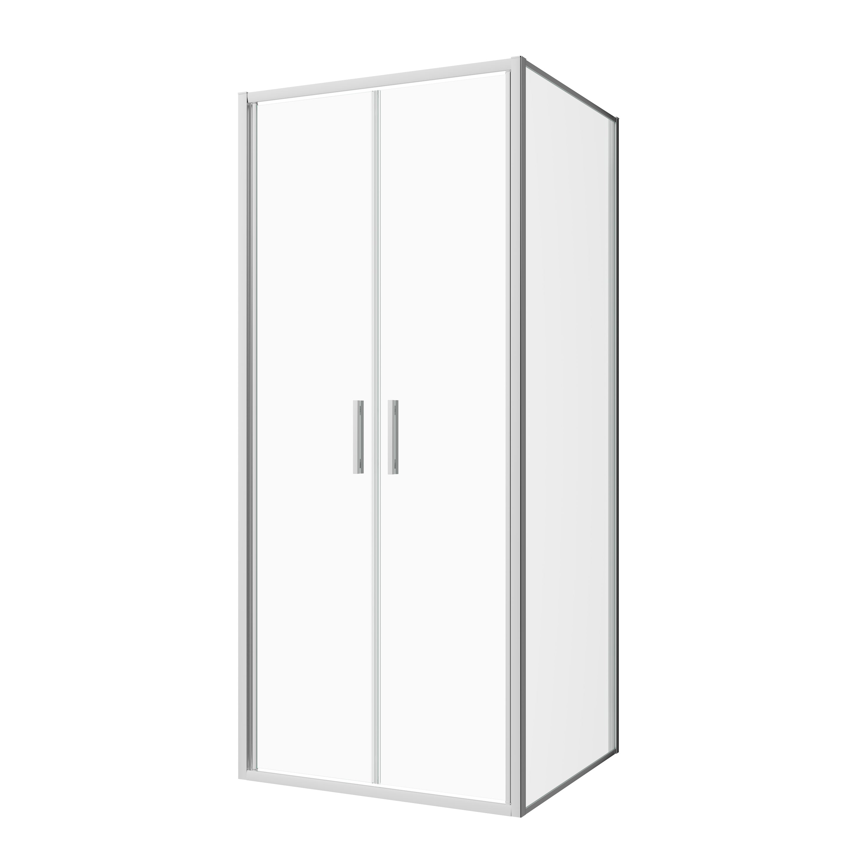 Corner shower cabin with two sliding doors, chrome in 2 different sizes