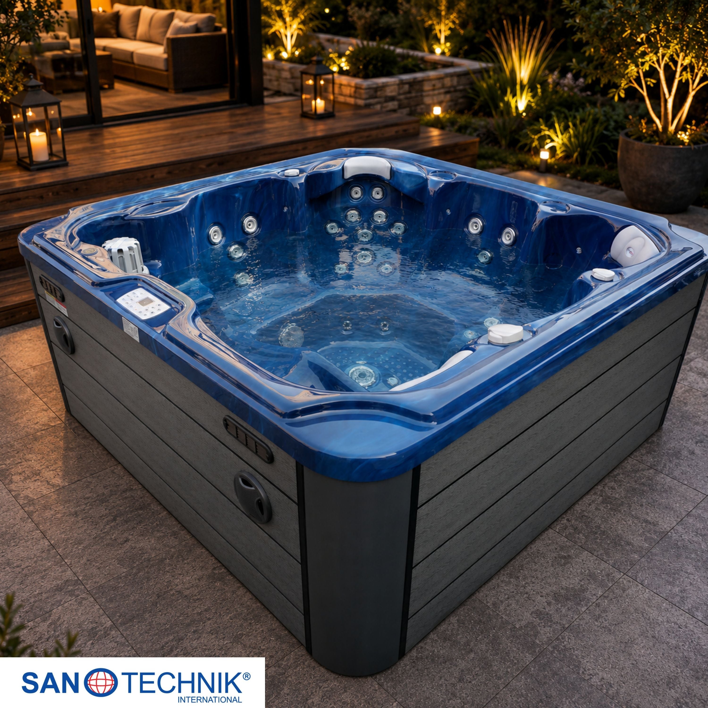 Outdoor whirlpool OASIS Maxi BLUE MARBLE including steps and cover 210x210x95 cm frost-proof