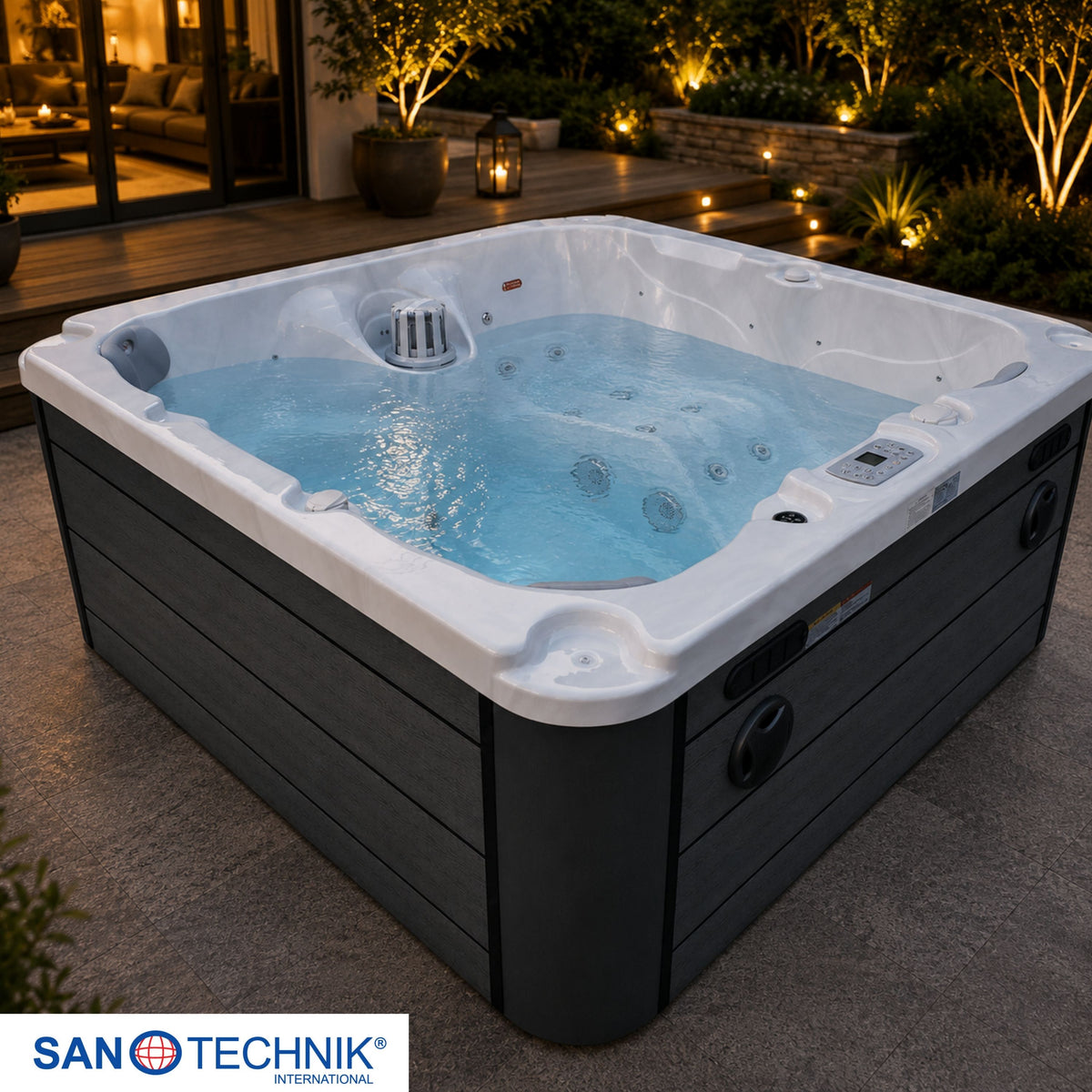 Outdoorwhirlpool PALMA White Marble inkl. Abdeckung & Stiege 190x190x86 cm frostsicher