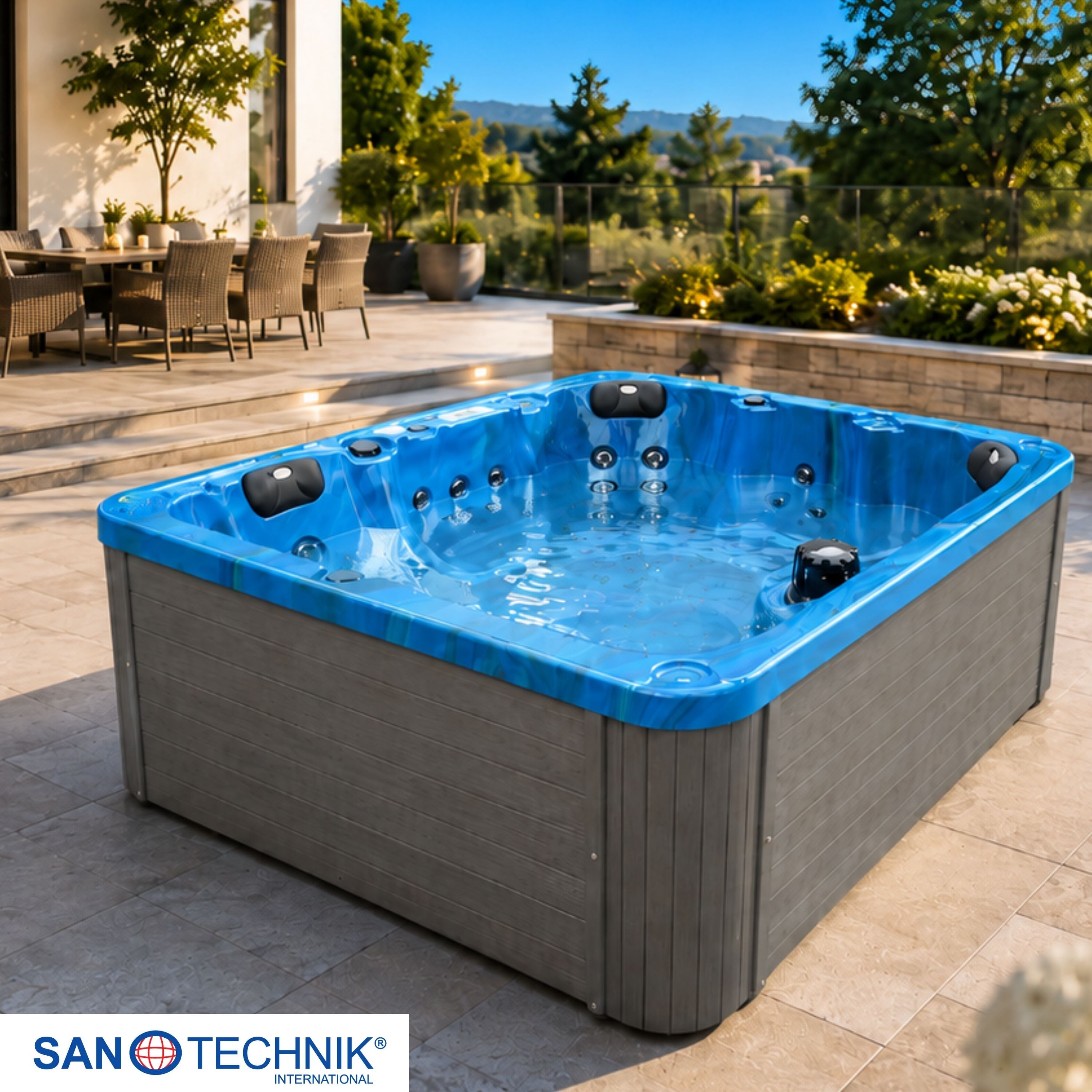 Outdoor whirlpool PALMA BLUE MARBLE including cover and steps 190x190x86 cm frost-proof