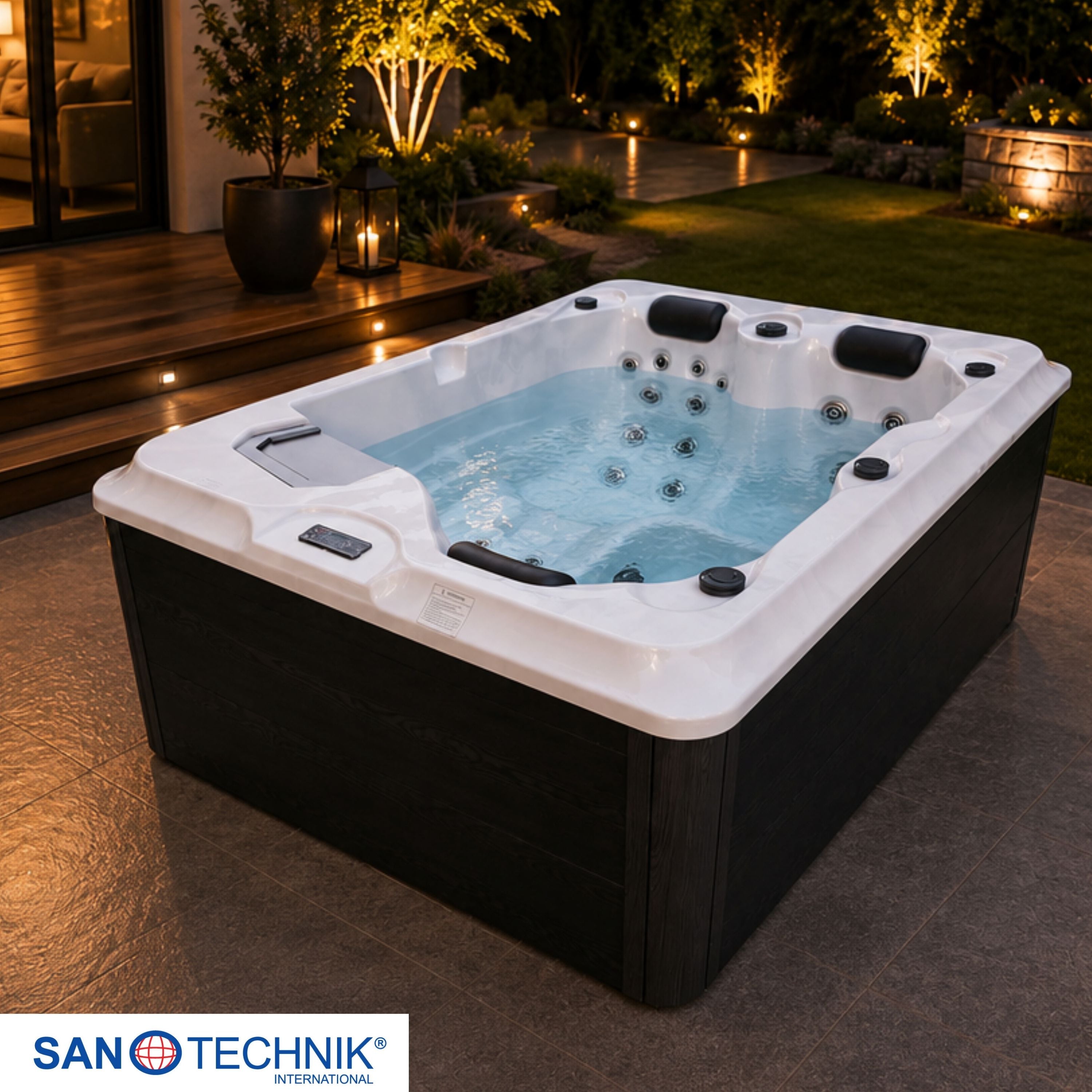 Outdoorwhirlpool FIJI WHITE MARBLE inkl. Abdeckung und Treppe 210x160x80 cm frostsicher