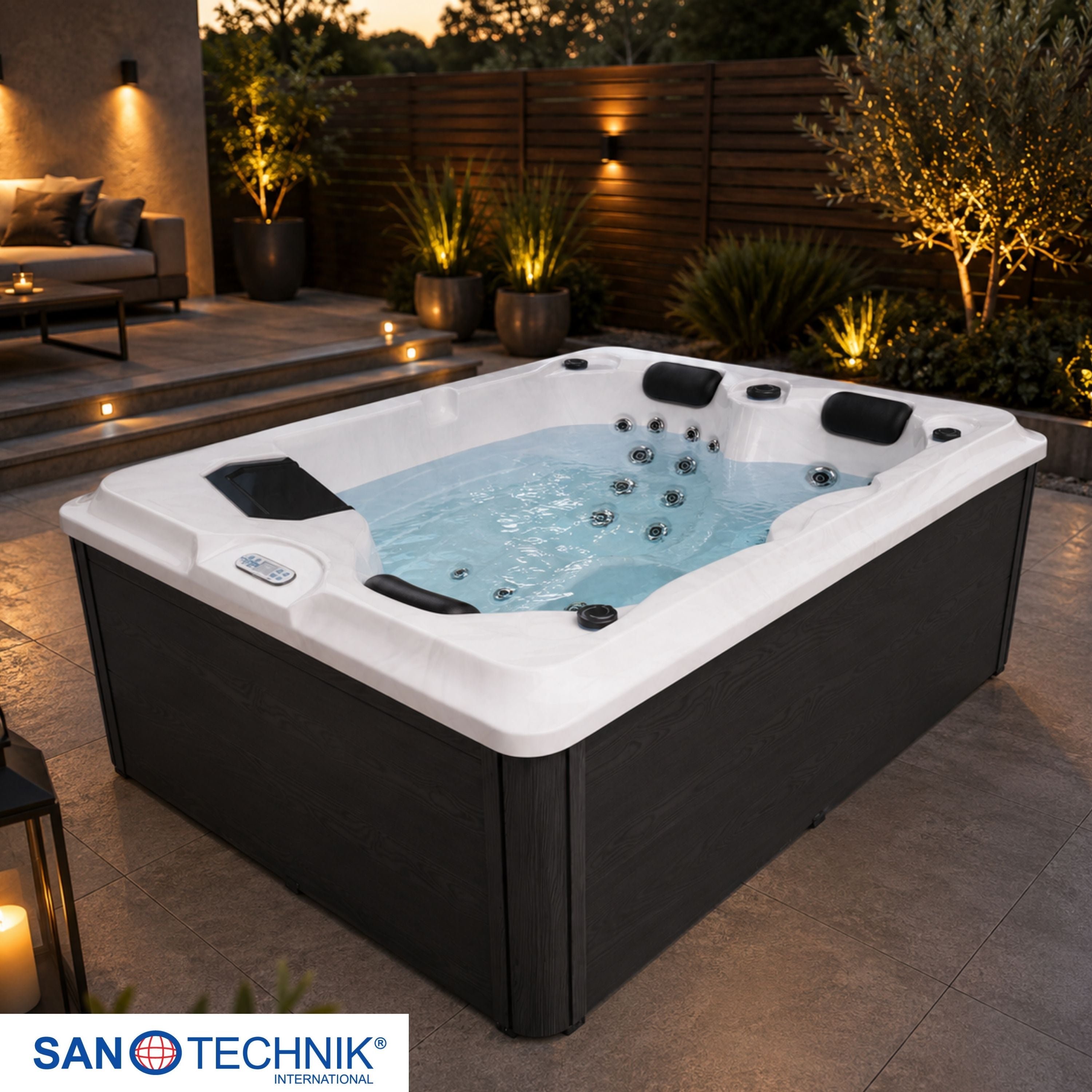 Outdoorwhirlpool Diablo WHITE MARBLE inkl. Abdeckung und Treppe  - 210 x 160 x 80cm frostsicher