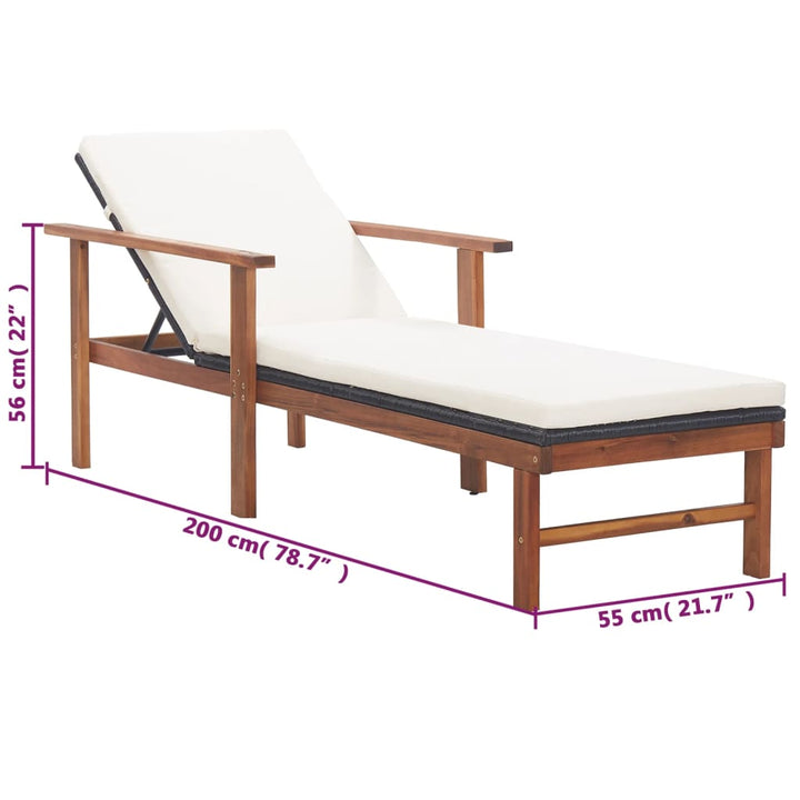 Sonnenliege mit Auflage Poly Rattan Akazie Massivholz Schwarz