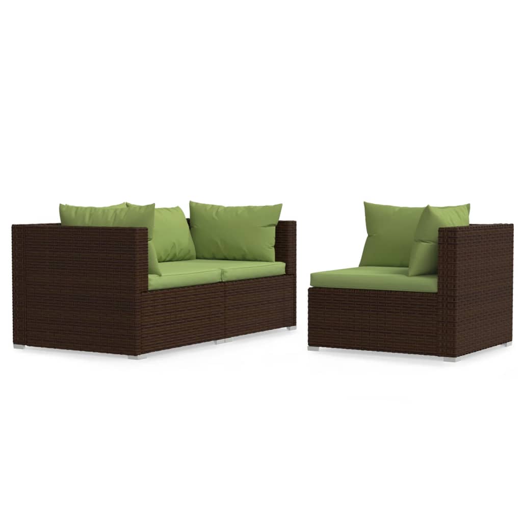 3-tlg. Garten-Lounge-Set mit Kissen Braun Poly Rattan