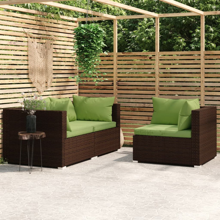 3-tlg. Garten-Lounge-Set mit Kissen Braun Poly Rattan