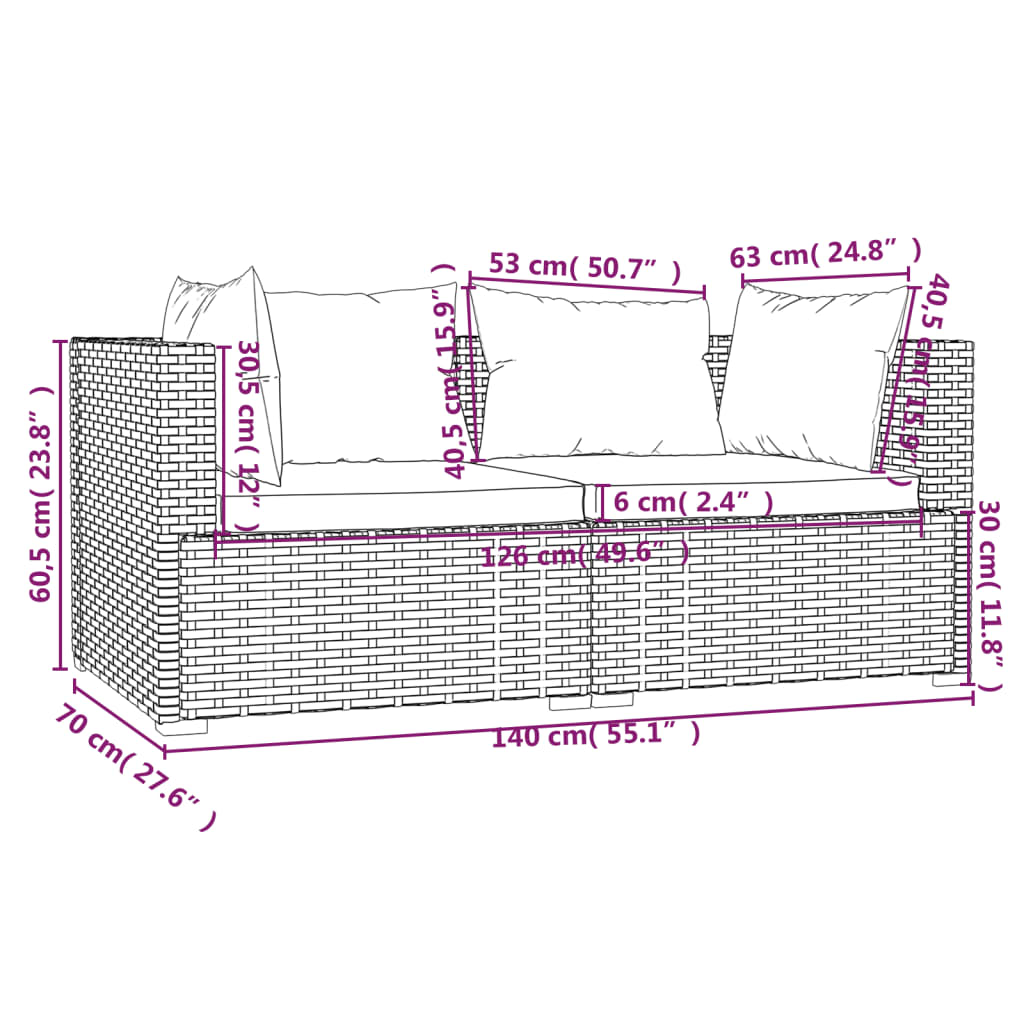 3-tlg. Garten-Lounge-Set mit Kissen Grau Poly Rattan