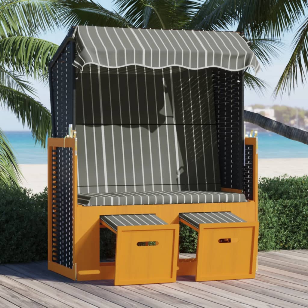 Strandkorb mit Dach Poly Rattan und Massivholz Schwarz & Grau