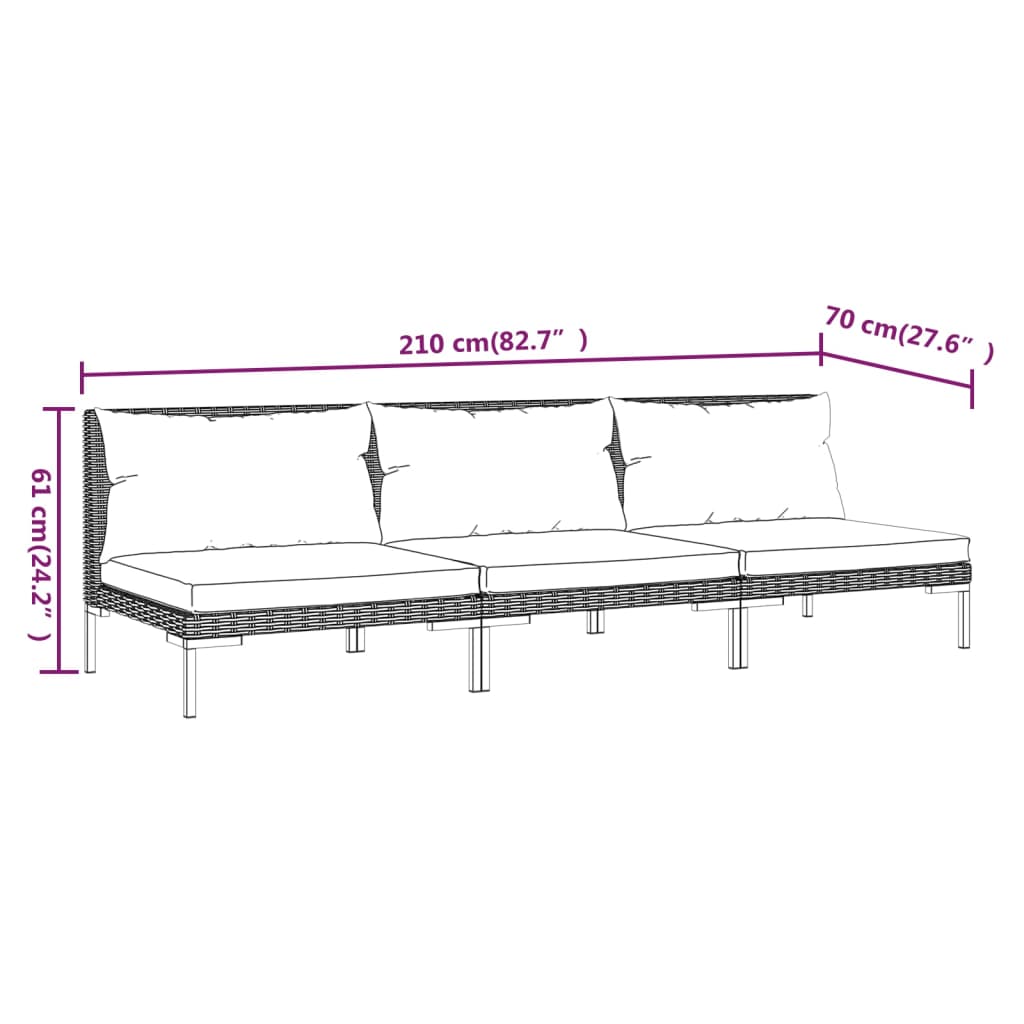 Gartensofas 3 Stk. mit Kissen Halbrundes Poly Rattan