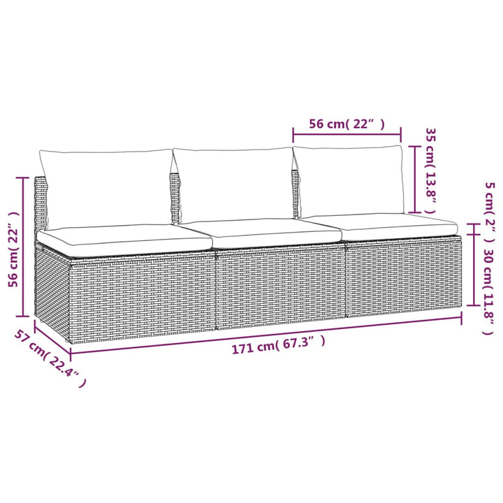 Gartensofa 3-Sitzer mit Kissen Grau Poly Rattan