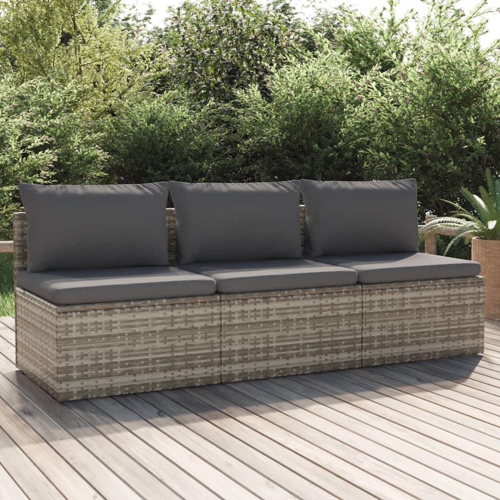 Gartensofa 3-Sitzer mit Kissen Grau Poly Rattan