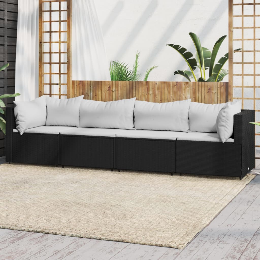 4-tlg. Garten-Lounge-Set mit Kissen Schwarz Poly Rattan