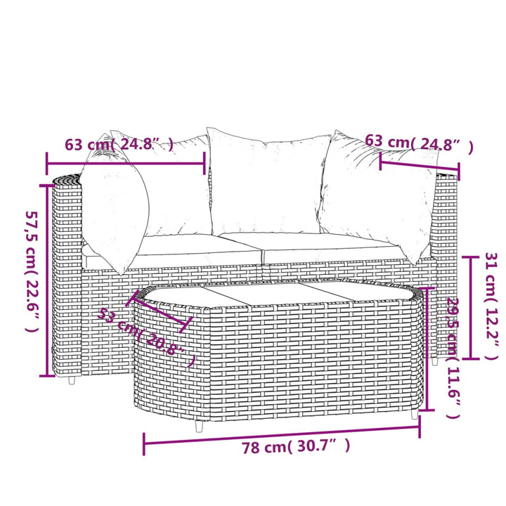 3-tlg. Garten-Lounge-Set mit Kissen Schwarz Poly Rattan