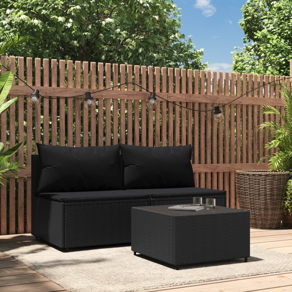 3-tlg. Garten-Lounge-Set mit Kissen Schwarz Poly Rattan