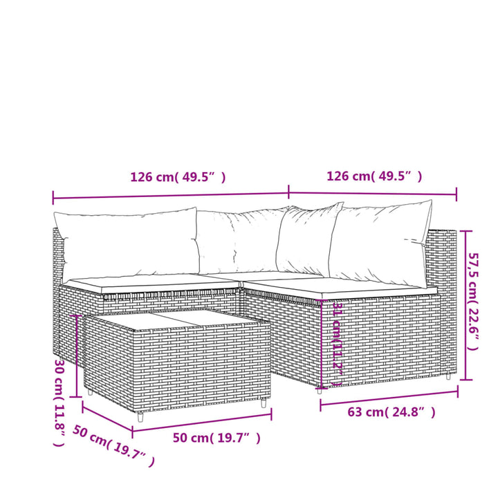 4-tlg. Garten-Lounge-Set mit Kissen Schwarz Poly Rattan