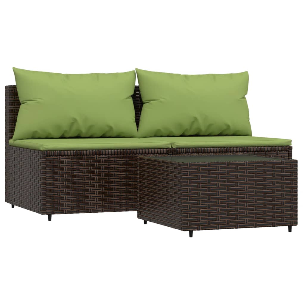 3-tlg. Garten-Lounge-Set mit Kissen Braun Poly Rattan