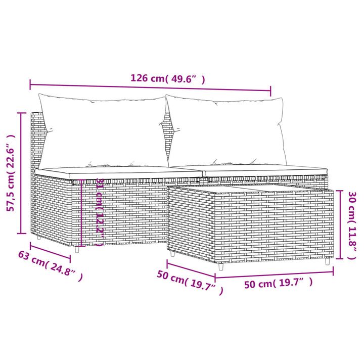 3-tlg. Garten-Lounge-Set mit Kissen Braun Poly Rattan