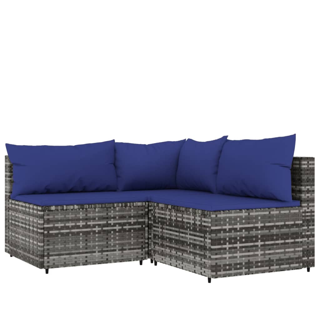 3-tlg. Garten-Lounge-Set mit Kissen Grau Poly Rattan