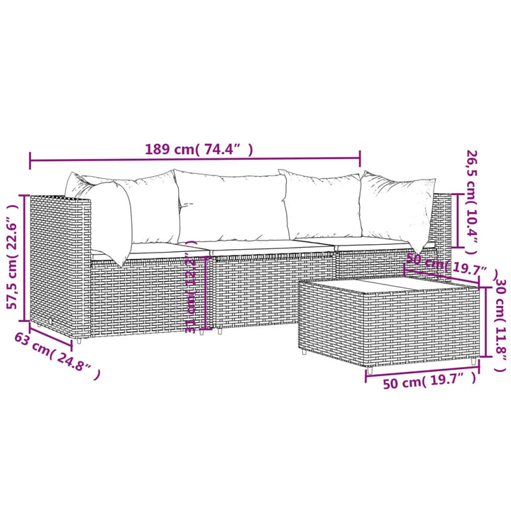 4-tlg. Garten-Lounge-Set mit Kissen Grau Poly Rattan