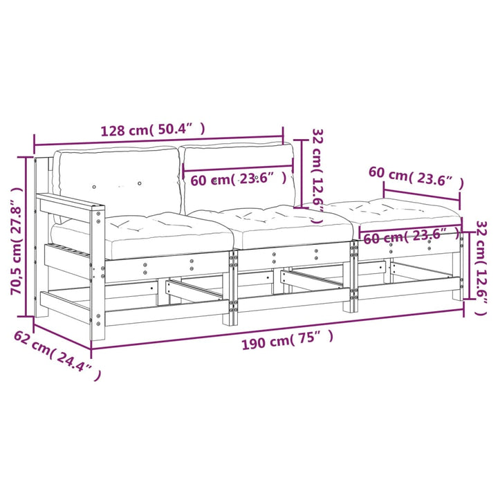 3-tlg. Garten-Lounge-Set mit Kissen Massivholz