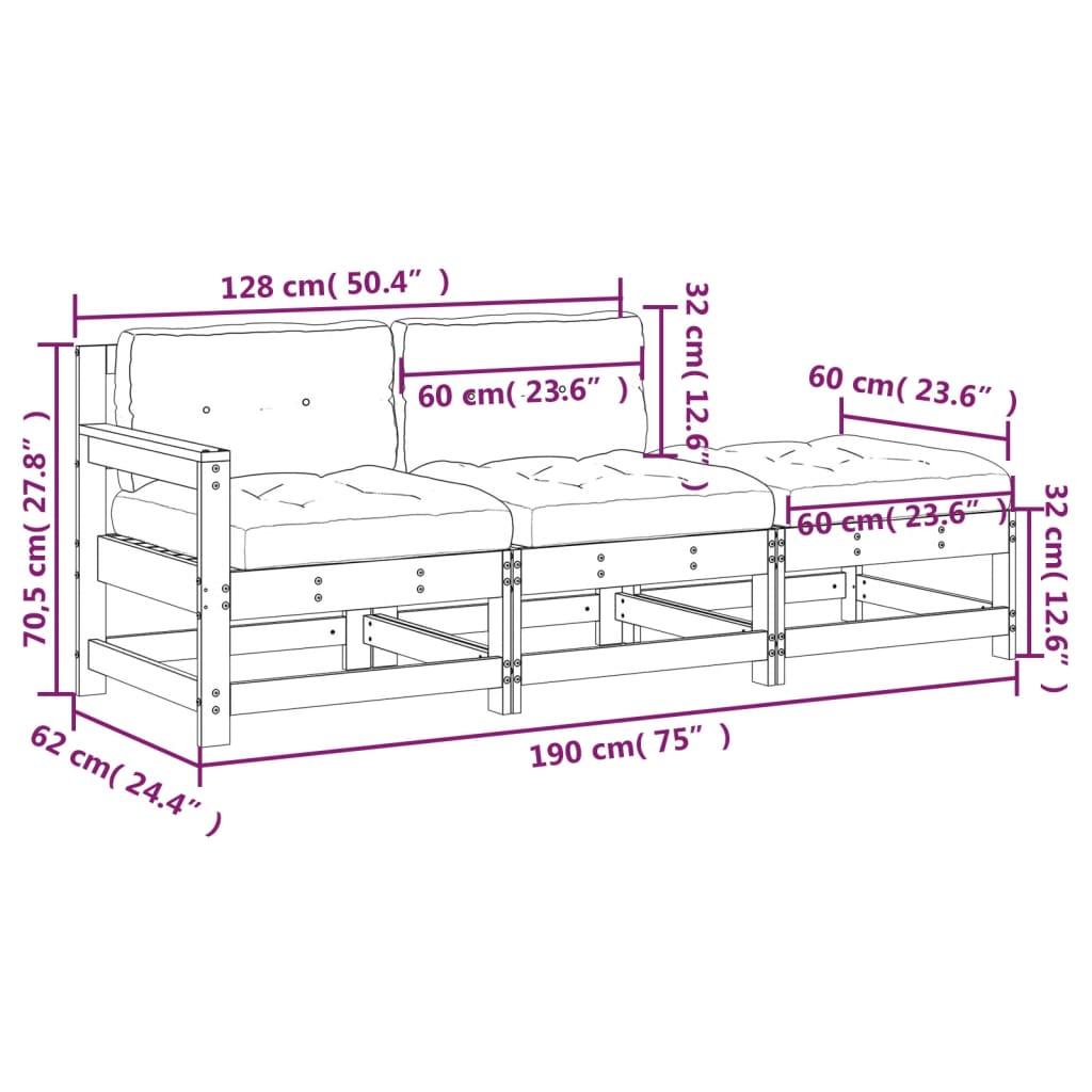 3-tlg. Garten-Lounge-Set mit Kissen Honigbraun Massivholz