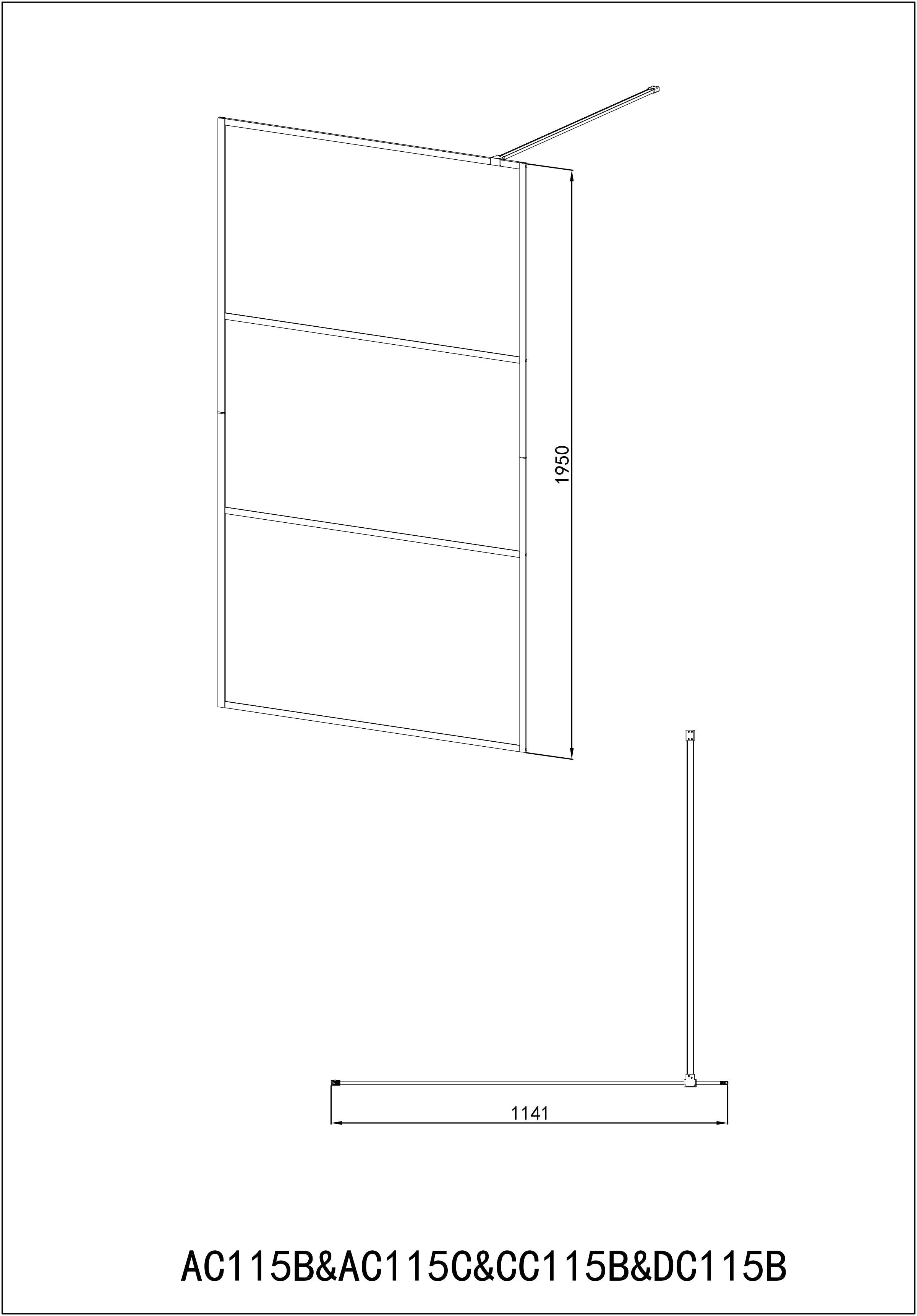 Walk-in shower with 3-part black frame in different sizes